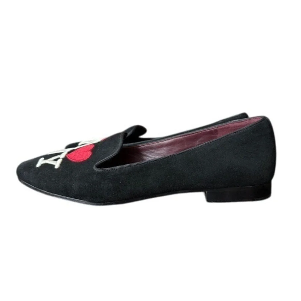 Kate Spade Lounge New York I Love NY Flats Black Suede Embroidered‎ Size 8.5